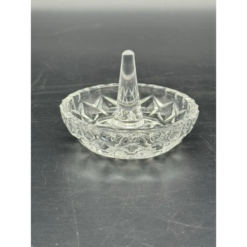 Clear Glass Ring Holder Dish with Cone – Star Pattern Vanity Jewelry Stand